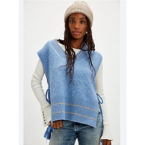 Free People All Star Striped Knit Poncho Vest Blue One Size Tassel Tie Sides - Picture 12 of 14
